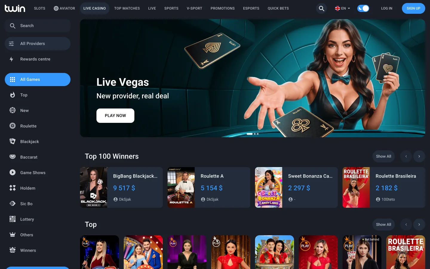 English Twin live casino interface with navigation and game cards