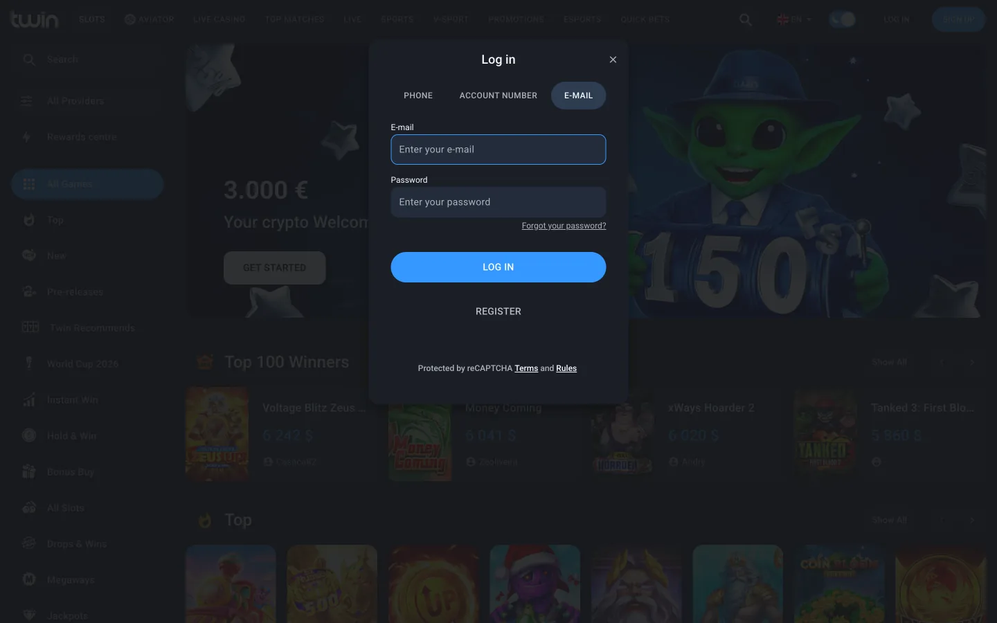 English Twin login dialog with phone, account number and e-mail tabs